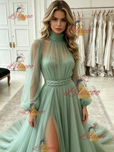 Blue Tulle Long Sleeve Pleats Prom Dress
