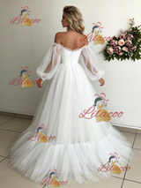 White Tulle Long Sleeve Wedding Dress
