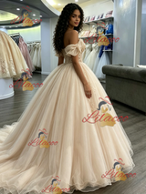 Champagne Tulle Off the Shoulder Appliques Quinceanera Dress