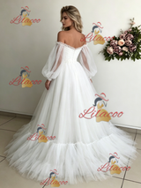 White Tulle Long Sleeve Wedding Dress