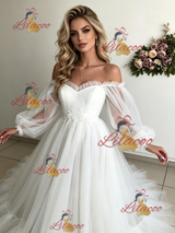 White Tulle Long Sleeve Wedding Dress