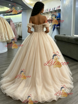 Champagne Tulle Off the Shoulder Appliques Quinceanera Dress
