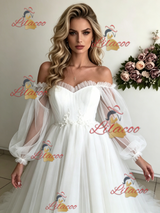 White Tulle Long Sleeve Wedding Dress