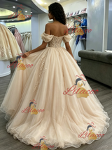 Champagne Tulle Off the Shoulder Appliques Quinceanera Dress