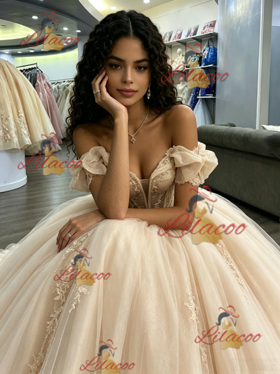 Champagne Tulle Off the Shoulder Appliques Quinceanera Dress