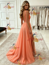 Orange Tulle V-neck Pleats Prom Dress