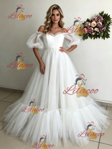 White Tulle Puff Sleeve Off the Shoulder Wedding Dress