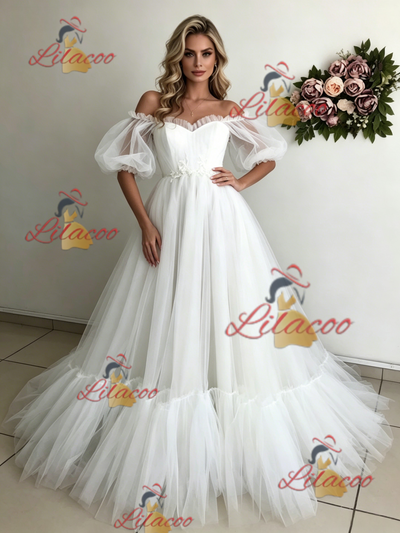 White Tulle Puff Sleeve Off the Shoulder Wedding Dress