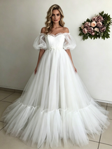 White Tulle Puff Sleeve Off the Shoulder Wedding Dress