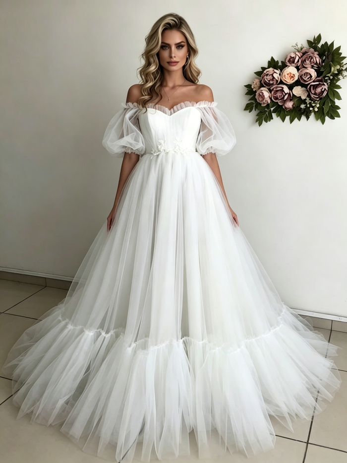 White Tulle Puff Sleeve Off the Shoulder Wedding Dress