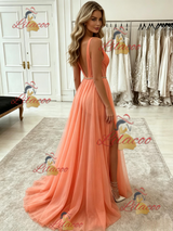 Orange Tulle V-neck Pleats Prom Dress