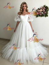 White Tulle Puff Sleeve Off the Shoulder Wedding Dress