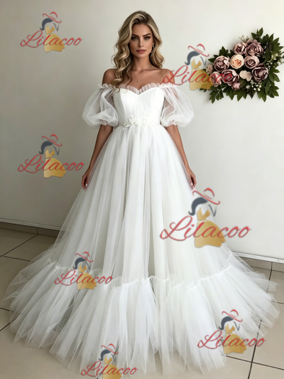 White Tulle Puff Sleeve Off the Shoulder Wedding Dress