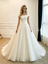 White Tulle Cap Sleeve Wedding Dres