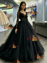 Black Tulle Long Sleeve Backless Quinceanera Dress
