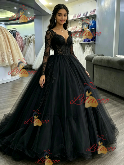 Black Tulle Long Sleeve Backless Quinceanera Dress