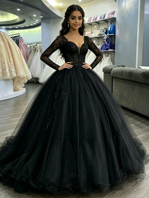 Black Tulle Long Sleeve Backless Quinceanera Dress