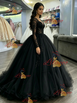 Black Tulle Long Sleeve Backless Quinceanera Dress