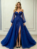 Blue Tulle Long Sleeve Sequins Prom Dress