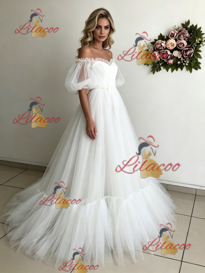 White Tulle Puff Sleeve Off the Shoulder Wedding Dress