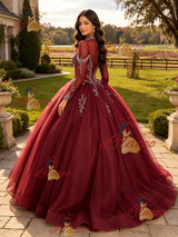 Burgundy Long Sleeve High Neck Beading Quinceanera Dress