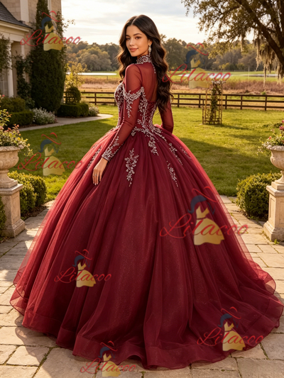 Burgundy Long Sleeve High Neck Beading Quinceanera Dress