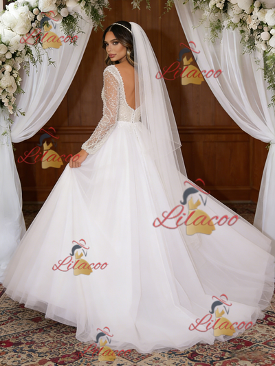 White Tulle V-neck Long Sleeve Wedding Dress