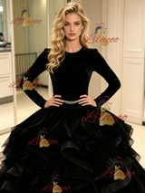 Black Tulle Velvet Long Sleeve Prom Dress