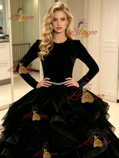 Black Tulle Velvet Long Sleeve Prom Dress