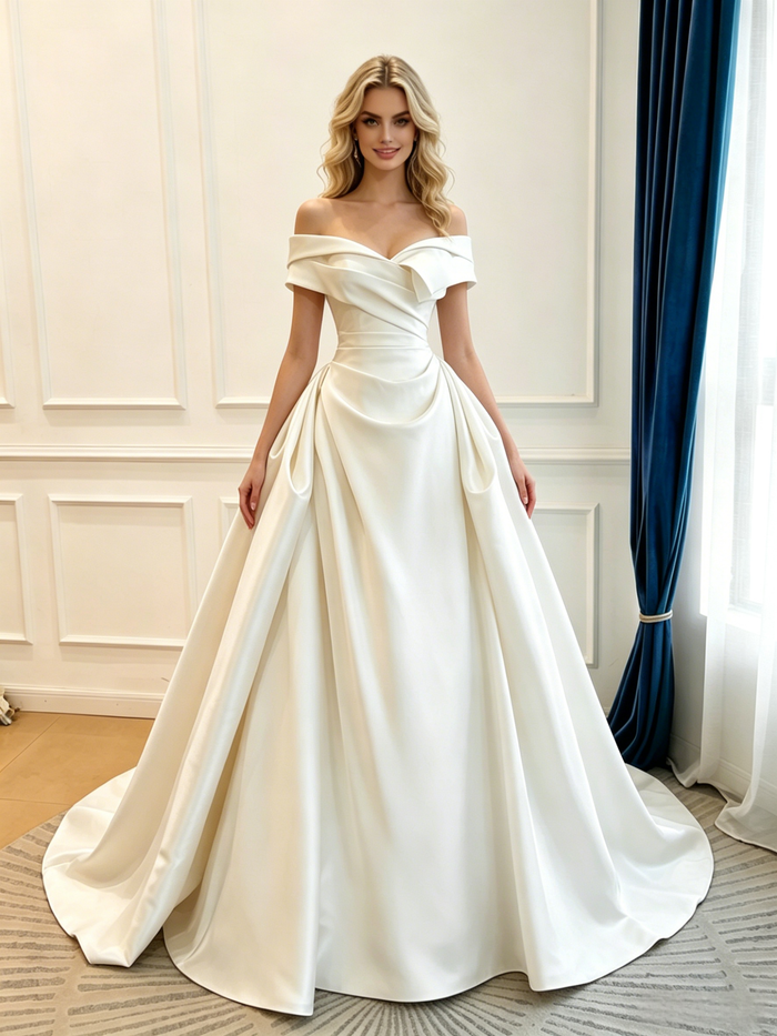 Ivory Satin Off the Shoulder Pleats Wedding Dress