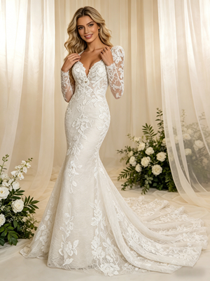 Beige Wite Mermaid Lace Long Sleeve Wedding Dress