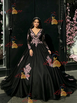 Black Tulle Long Sleeve Appliques Quinceanera Dress
