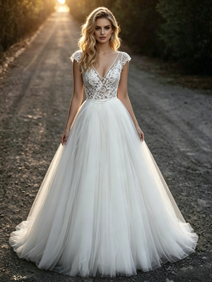White Tulle Lace V-neck Wedding Dress