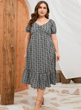A-line Puff Sleeve Ruffled Print Dress