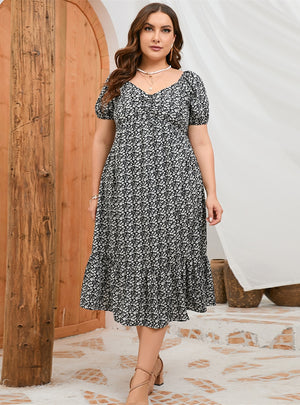 A-line Puff Sleeve Ruffled Print Dress