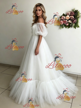White Tulle Puff Sleeve Off the Shoulder Wedding Dress