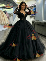 Black Tulle Long Sleeve Backless Quinceanera Dress