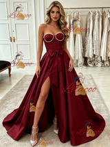 Burgundy Satin Strapless Split Prom Dress