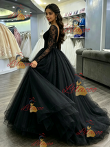 Black Tulle Long Sleeve Backless Quinceanera Dress