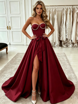 Burgundy Satin Strapless Split Prom Dress