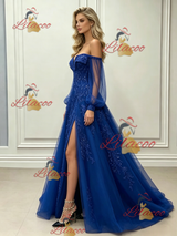 Blue Tulle Long Sleeve Sequins Prom Dress