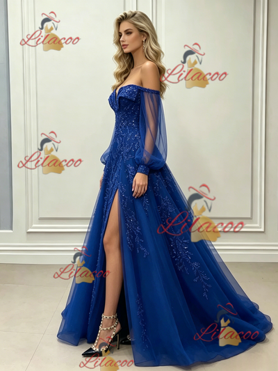 Blue Tulle Long Sleeve Sequins Prom Dress