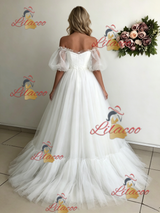 White Tulle Puff Sleeve Off the Shoulder Wedding Dress
