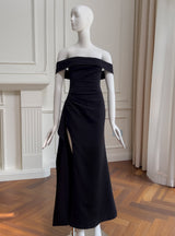 Black Off the Shoulder Pleats Prom Dress