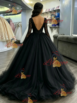 Black Tulle Long Sleeve Backless Quinceanera Dress