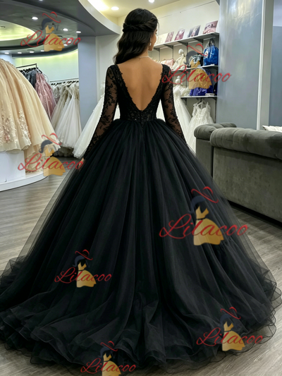 Black Tulle Long Sleeve Backless Quinceanera Dress