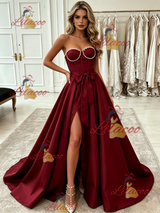 Burgundy Satin Strapless Split Prom Dress
