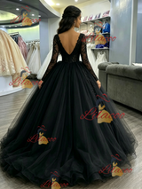 Black Tulle Long Sleeve Backless Quinceanera Dress