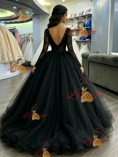 Black Tulle Long Sleeve Backless Quinceanera Dress
