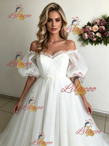 White Tulle Puff Sleeve Off the Shoulder Wedding Dress